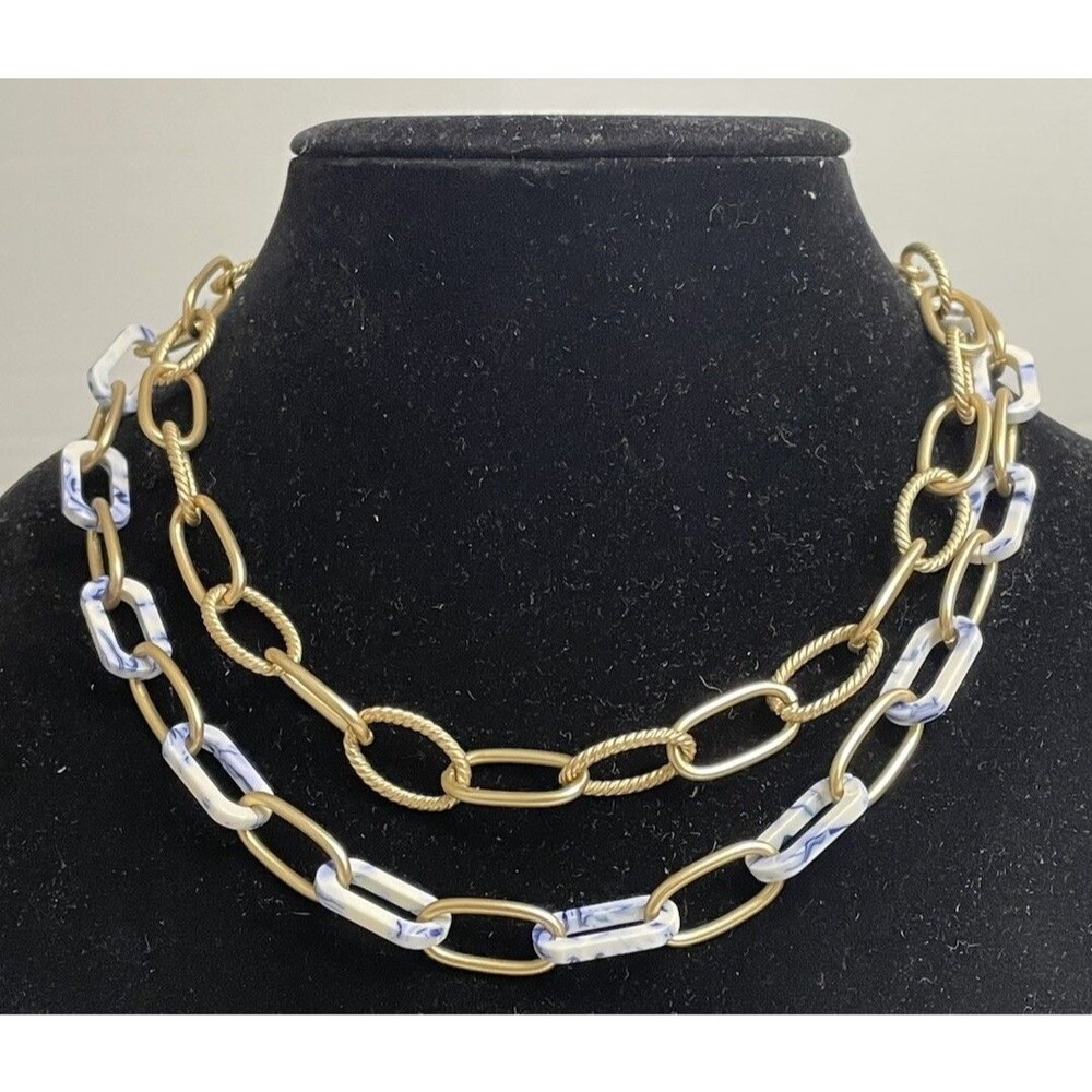 Layered Large Link Necklace. Brushed Gold Blue & White Swirl 16-18”